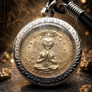 May include: A circular silver-toned pendant featuring a central embossed figure of an alien in a meditative pose. The design includes a geometric flower pattern, stars, and the text "GALACTIC AWAKENING ENERGY" engraved along the outer rim.