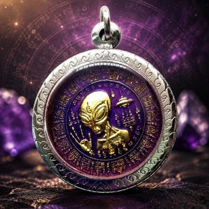 May include: A circular silver-toned pendant featuring a raised gold-coloured alien figure centred on a deep purple background. The background is decorated with intricate gold script and a small flying saucer icon, all encased in a decorative metal frame.