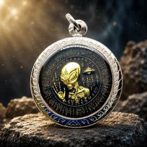 May include: A circular silver-toned pendant featuring a gold-colored alien figure with a raised hand and a small flying saucer. The central black disc is inscribed with intricate symbols and text, surrounded by a decorative silver border with swirls.