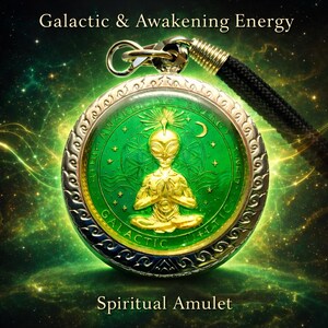 May include: A round, silver-toned spiritual amulet with a green center featuring a gold-colored alien figure in a meditative pose. The amulet has the words "Galactic & Awakening Energy" and "Spiritual Amulet" printed on it. A black cord and gold-toned clasp are attached.