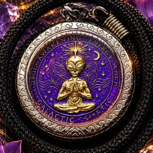 Könnte beinhalten: Ein runder Anhänger mit einer goldfarbenen Alien-Figur in meditativer Pose vor einem tiefvioletten Hintergrund. Der Rand ist mit silberfarbenen Metallmustern sowie dem Text "AWAKENING ENERGY" und "GALACTIC" graviert. Er hängt an einem schwarzen Band.