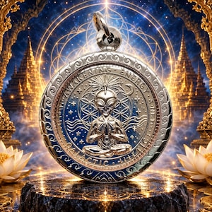 Può includere: Un ciondolo circolare color argento con una figura centrale in rilievo di un alieno in posa meditativa. Lo sfondo è blu intenso con un motivo geometrico. Il testo AWAKENING ENERGY e GALACTIC è inciso lungo il bordo esterno.