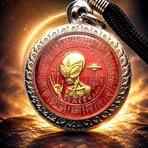 May include: A circular pendant featuring a gold-toned alien figure with three fingers raised and a small flying saucer on a vibrant red background. The pendant is encased in a decorative silver-toned metal frame with a black braided cord attachment.