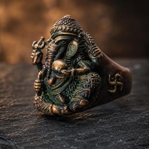 May include: A bronze-toned metal ring featuring a detailed, three-dimensional relief of the deity Ganesha. The figure is depicted in a seated position with a trunk, multiple arms, and ornate headwear. A small swastika symbol is visible on the side band.