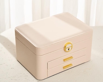 Personalised Large Jewellery Box for Women Girls with Drawers, 3 Layer Storage case, Gift for Her