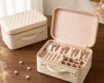 Large 3-Tier Jewellery Box with Handle, Modular 7 Removable Trays, Gift for Her