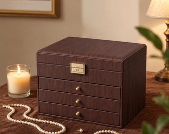 Personalised Faux Wood Grain Jewellery Box, Large 4-Layer Organiser Storage Case for Women Girls, Gift for Her