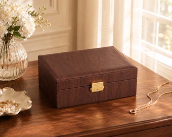 Personalised Faux Wood Grain Jewellery Box for Women,  Vintage Organiser Storage Case, Gift for Her