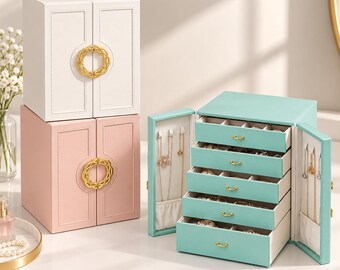 Large Jewellery Organizer Box with 5 Drawers for Women Girls, Double Door Storage Case Cabinet, Gift for Her