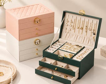 Personalised Large Jewellery Box for Women, Organiser Storage Case with key, Gift for Her