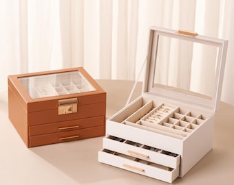 Personalised Large Jewellery Box with Glass Lid, Elegant Vanity Organiser, Gift for Her