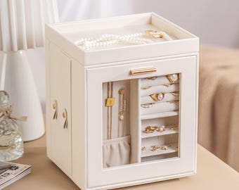 Personalised Rotating Glass Jewellery Box with Mirror, Large Jewellery Organiser, Christmas Gift for Her