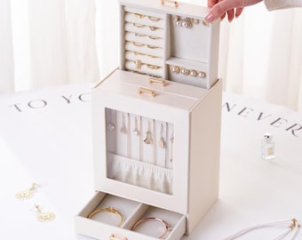 Personalized Large Glass Jewellery Box with 4 Drawers, Jewellery Organizer, Christmas Gift for Her