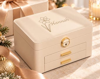 Personalised Jewellery Box for Her, Birth Flower & Name Gift, Jewellery Organiser for Mum, Daughter, Wife, Birthday Christmas Gift
