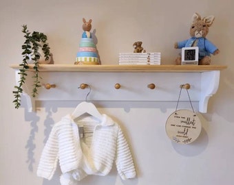 Solid pine shaker peg shelf in a choice of F&B colours with waxed pine top and natural pegs (free delivery excludes offshore, NI, IOW  etc)