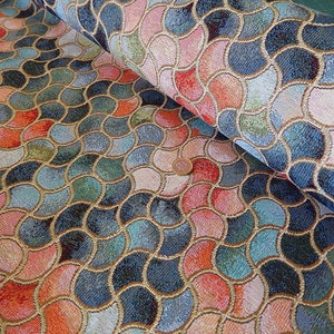 Tapestry fabric mosaic mediterranean greens /rusts scallop thick weight 360gsm  140cms wide per metre