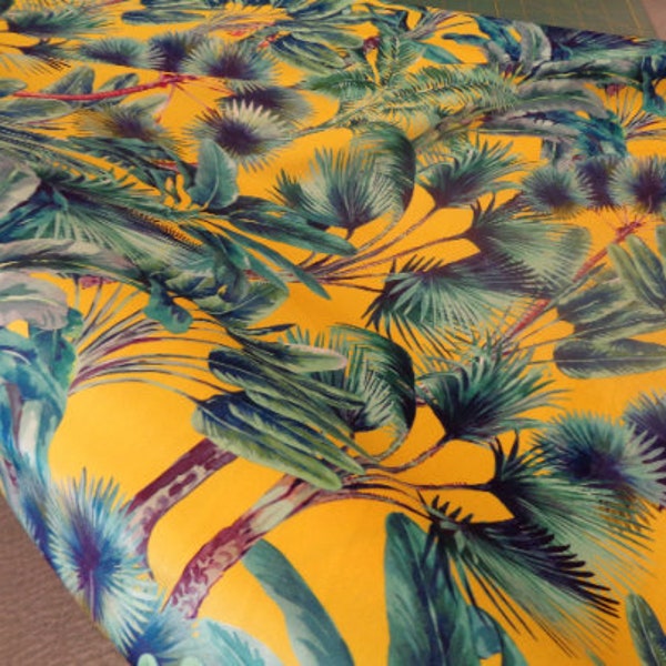 Tropical Plush velvet Fabric  jungle Leaves on yellow soft furnishings dressmaking strong digital print sold per half metre