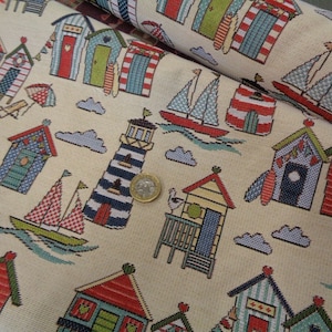 Tapestry Fabric Seaside Beach huts marine  heavyweight 140cms wide sold per metre soft furnishings crafts