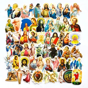 May include: A large collection of colorful religious stickers featuring various images of Jesus, Mary, and other biblical figures. The stickers are perfect for adding a touch of faith to your belongings.