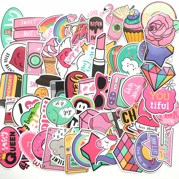 50 Stück Super Pink / Rosa Mädchen Stickerbomb / Retro Style Girl Stickerbomb Aufkleber / Girl Rosa Koffer Aufkleber Sticker