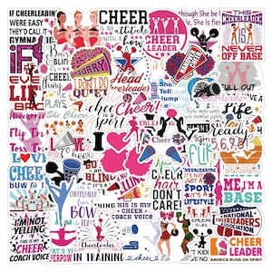 Könnte beinhalten: Eine Sammlung bunter Cheerleading-Aufkleber mit verschiedenen Sprüchen und Bildern, darunter "Cheer is a sport", "I love cheer", "This is my cheer coach voice" und "Cheerleader in training".