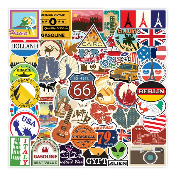 100 Stück Reise / Koffer / Urlaub / Hotel Travel Style Stickerbomb - Aufkleber / Sticker Set für Koffer Reise Travel Style