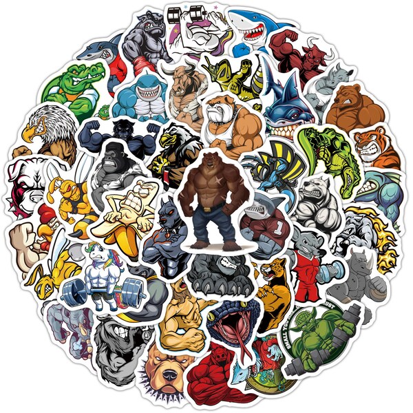 50 Stück Bodybuilding Cartoon Muskel Tiere / Muscle Gym Animals Style Stickerbomb Aufkleber Fitness, No Pain No Gain Hardcore Animal Fitness