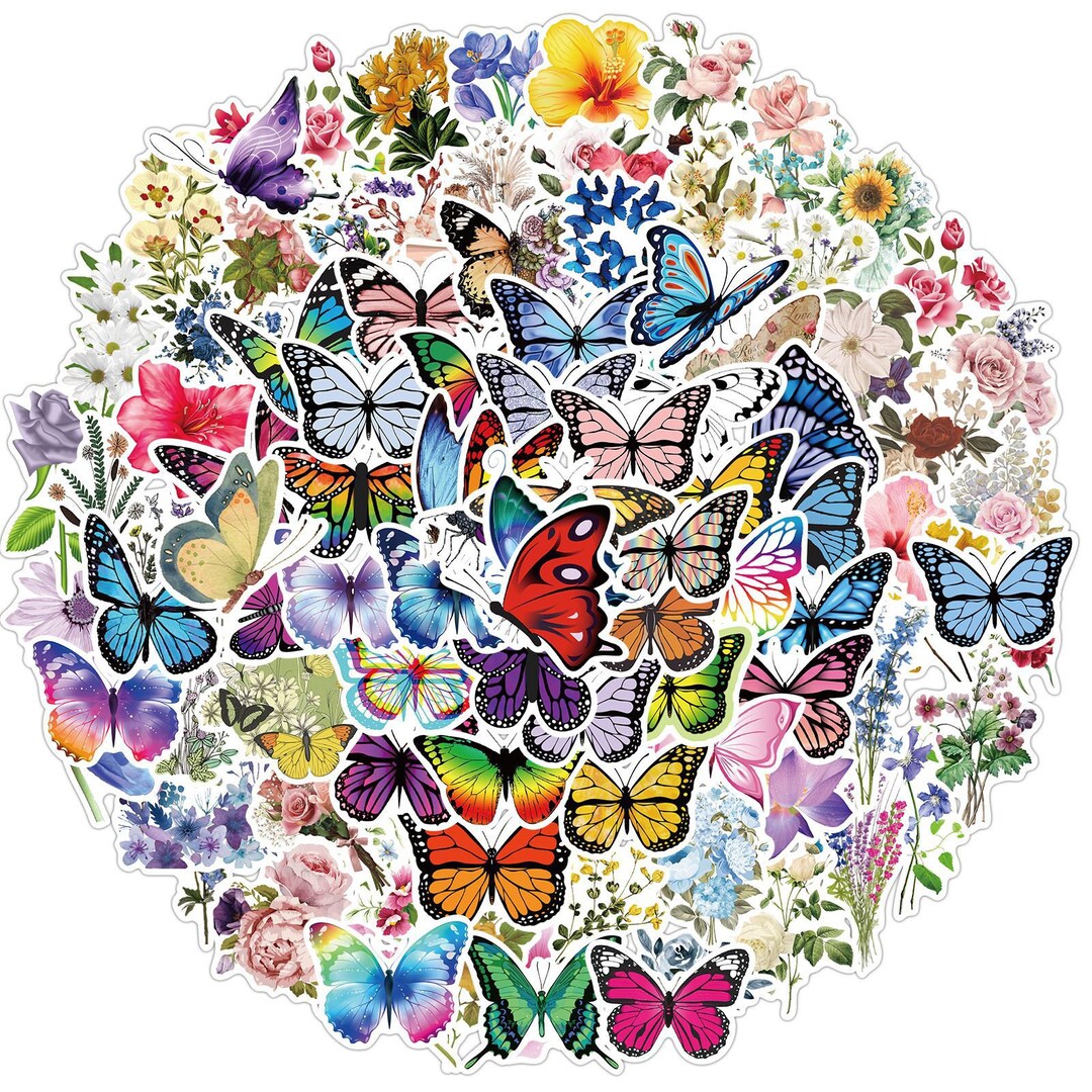 100-piece Nature Sticker Set Butterfly / Butterflies Flower Style ...