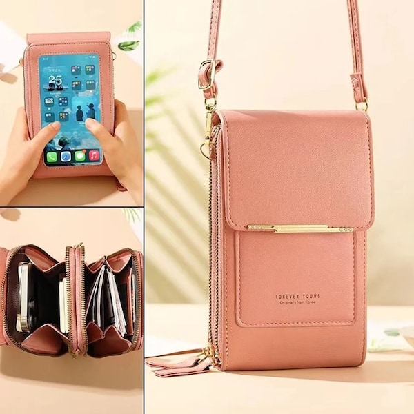 Stylish Woman's Soft Leather Touch Screen Cell Phone Purse Wallet With Strap