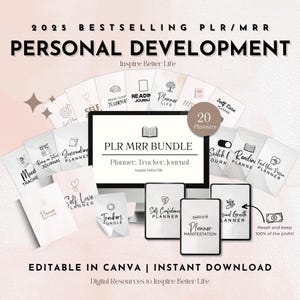May include: A digital product bundle for personal development, featuring 20 planners, trackers, and journals. The bundle includes a variety of topics, such as self-care, self-love, and personal growth. The image shows a computer screen displaying the bundle, along with several individual planner covers. The text "PLR MRR Bundle" and "20 Planners" is visible on the image. The text "Editable in Canva | Instant Download" is also visible on the image.