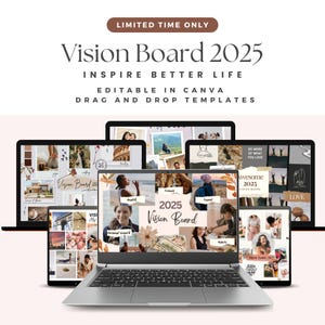 Plantillas editables de Canva para tableros de visión 2025. Tablero de estado de ánimo imprimible para manifestar la felicidad e inspirar afirmaciones positivas y abundancia.