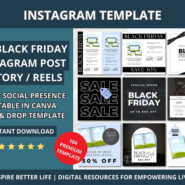 104 Black Friday Promotion Instagram Canva Templates, Instagram Marketing for Online Store and Retail Business Canva Editable Templates
