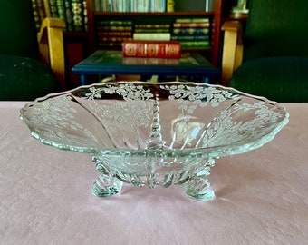 Vintage Depression Glass Etched "Flower Basket" Pattern Three-Footed Bowl From New Martinsville (Viking Glass)