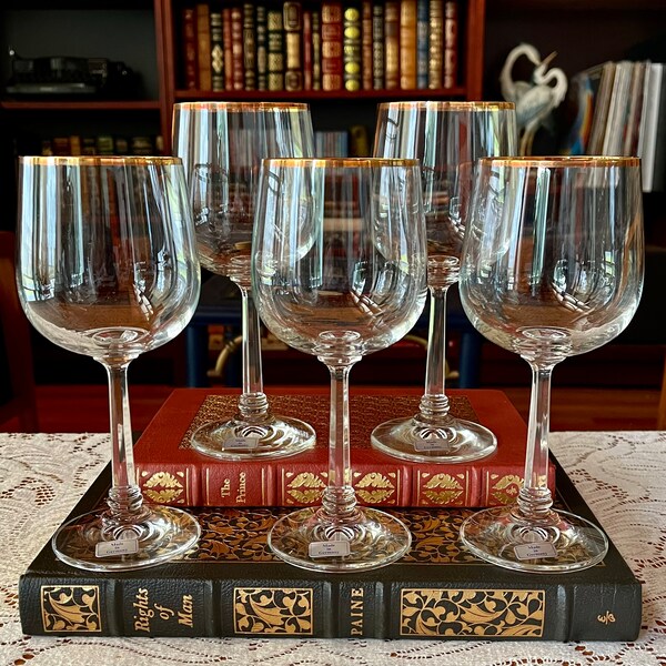 Set of 6 Gold Rimmed Crystal Wine Glasses Imported From Germany (Crystal Clear Industries) Circa 1980s