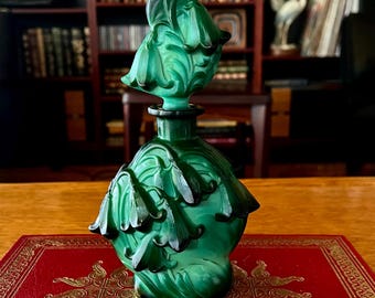 Vintage 1930s Art Deco Czech Malachite Glass Perfume Bottle - 'Floral Bells'. H. Hoffmann Design for Curt Schlevogt's '"Ingrid" Glass Line