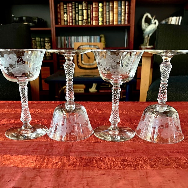 Vintage Etched Cocktail or Champagne Coupes "Blossoms" From Rock Sharpe - Set of 4