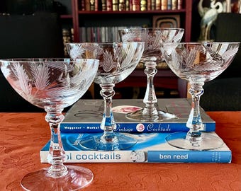 Vintage Etched Cocktail or Champagne Coupes "Harvest" From Cambridge - Set of 4