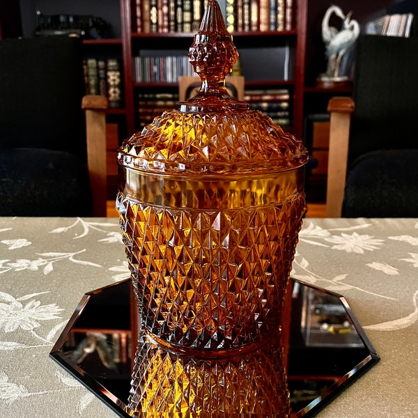 Vintage 1960s Indiana Glass "Diamond Point Amber" Ice Bucket With Lid