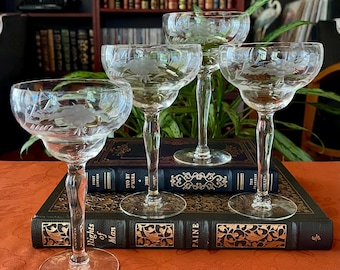 Vintage 1950s Glastonbury-Lotus Etched Margarita Glasses - Set of 4