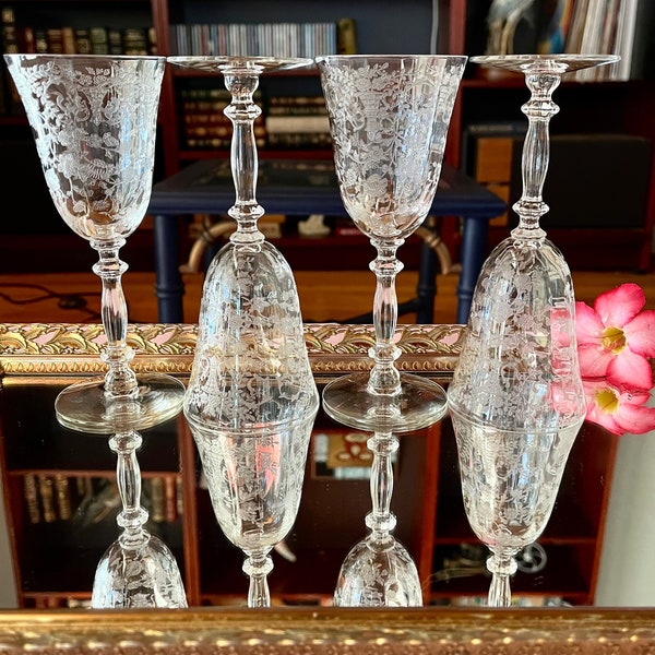 Set of 4 Vintage 1930s Etched Wine Glasses "Portia" from Cambridge. Port Wine, Sherry, Dessert Wine. (2 Sets Available)