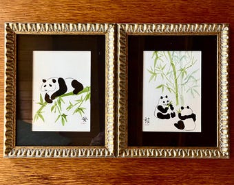 Pair of Framed, Hand-Painted and Signed Watercolors 'Pandas in Bamboo'