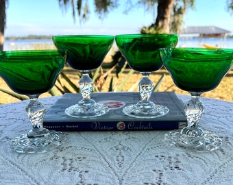 Vintage Fostoria Cocktail or Champagne Coupes "Colonial Dame" In Emerald Green - Set of 4