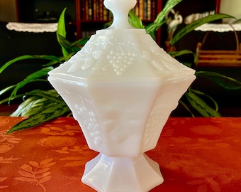 Vintage Anchor Hocking Milk Glass Covered Candy Dish - "Grapes"