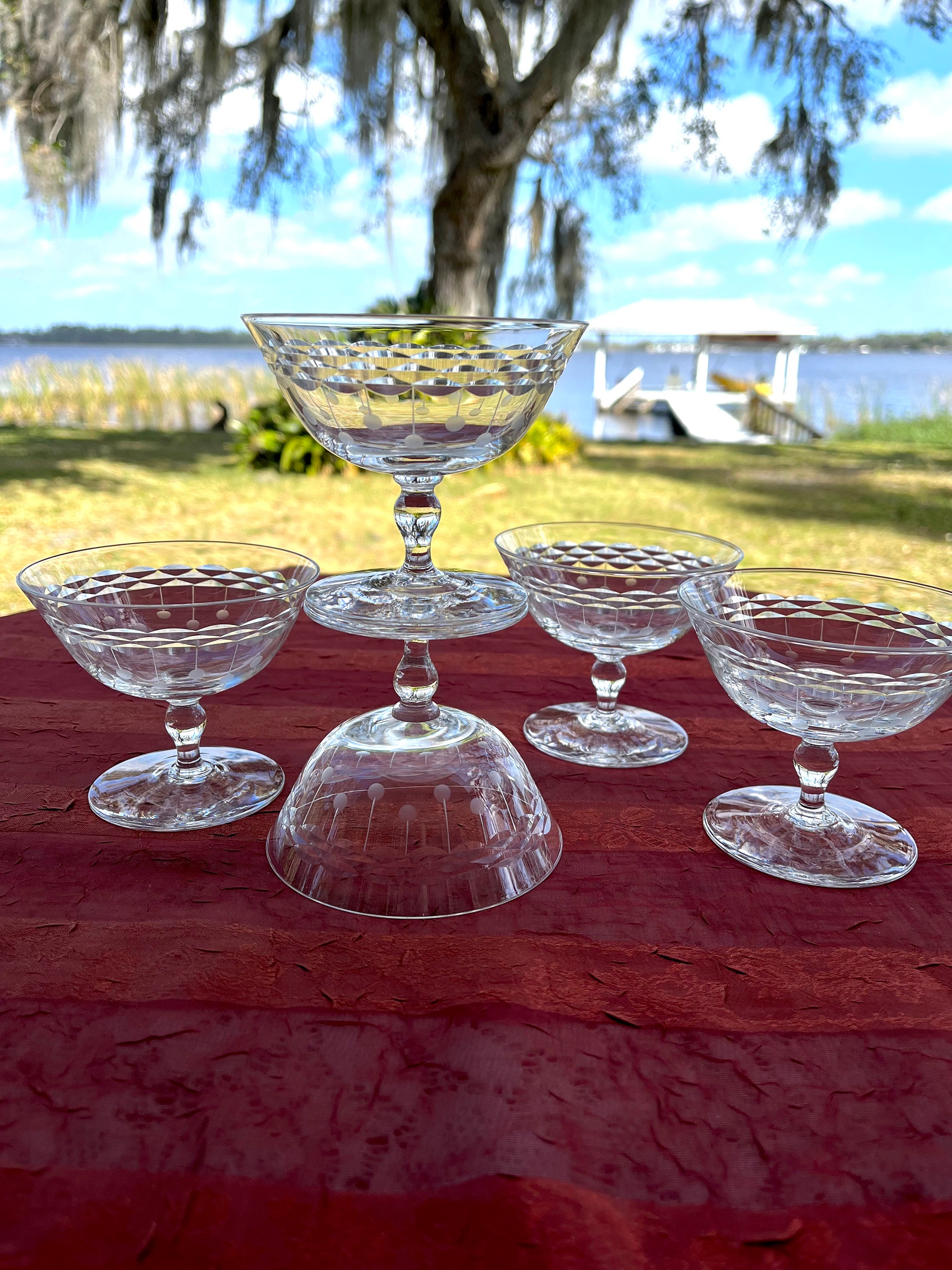 Vintage Set of 5 Etched Glass Dessert Cups Etsy