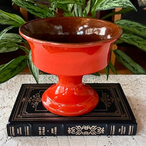 Vintage Frankoma Pottery "Lazybones Flame" Compote in Red/Orange & Brown