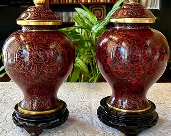 Vintage Pair of Large Chinese Cloisonné Ginger Jar Urns on Wood Bases