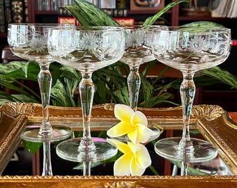 Vintage Etched Cocktail or Champagne Coupes From Glastonbury Lotus - Set of 4