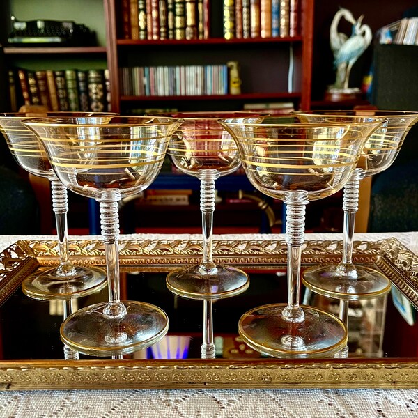 Set of 6 Vintage Art Deco Style Gold-Trimmed Cocktail Coupes