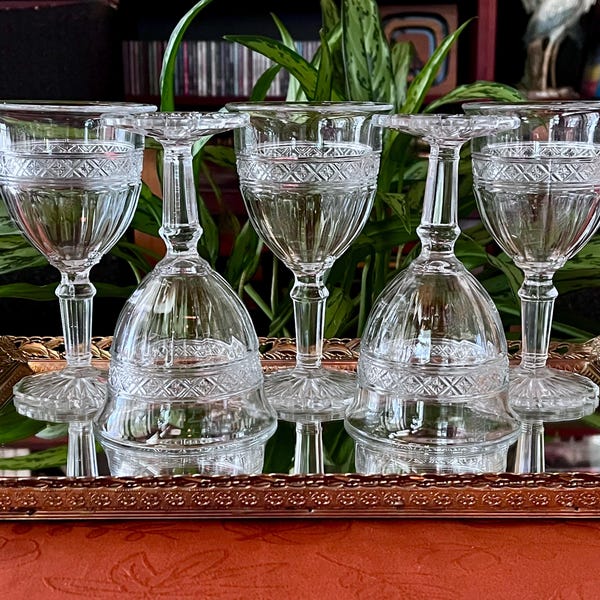 Antique EAPG Wine Goblets: Indiana Glass "Star Band", 1907 - Set of 6