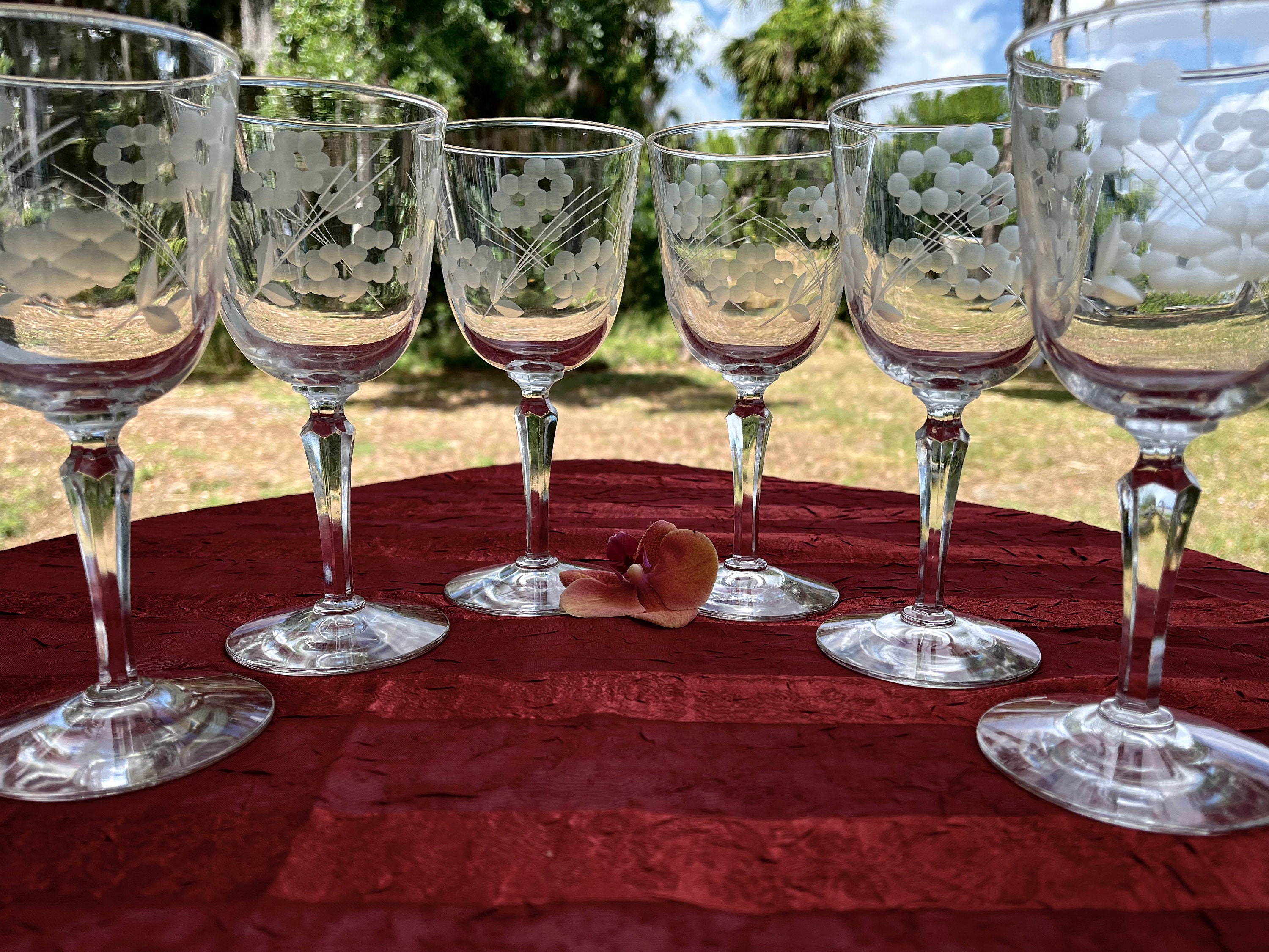 6 Vintage Etched Wine ~ Cocktail Glasses with Red stem, Vintage